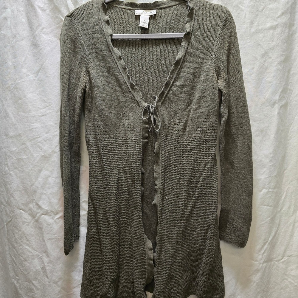 KENAR Olive Green Knit Cardigan Tie Front Ruffle Trim Long Sleeve M‎ Y2K Earthy